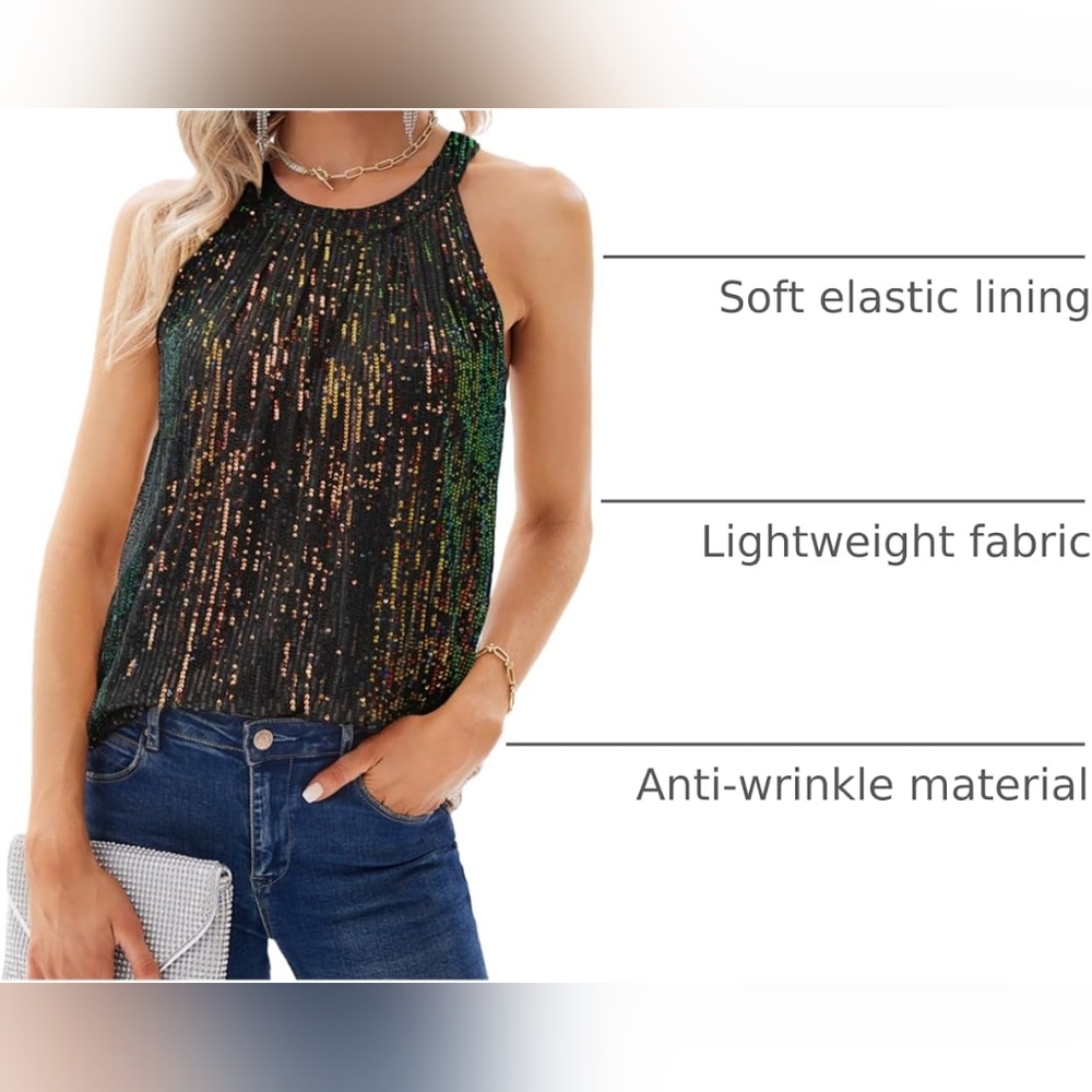 GRACE KARIN Black/Multi Sequin HalterTop Sleeveless Sparkly Shiny Tank Ruched, M - Picture 2 of 3